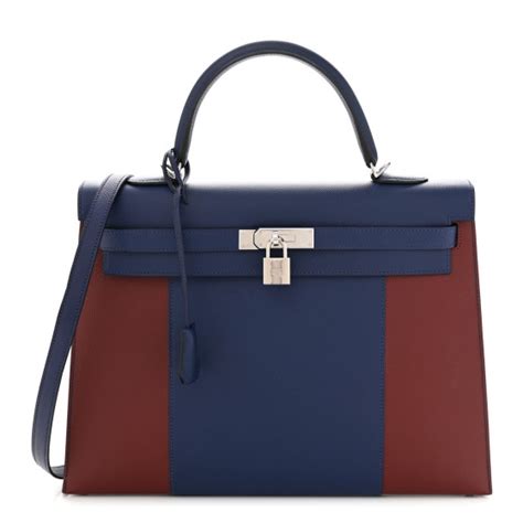 HERMES Epsom Flag Kelly Sellier 35 Rouge H Bleu Saphir 